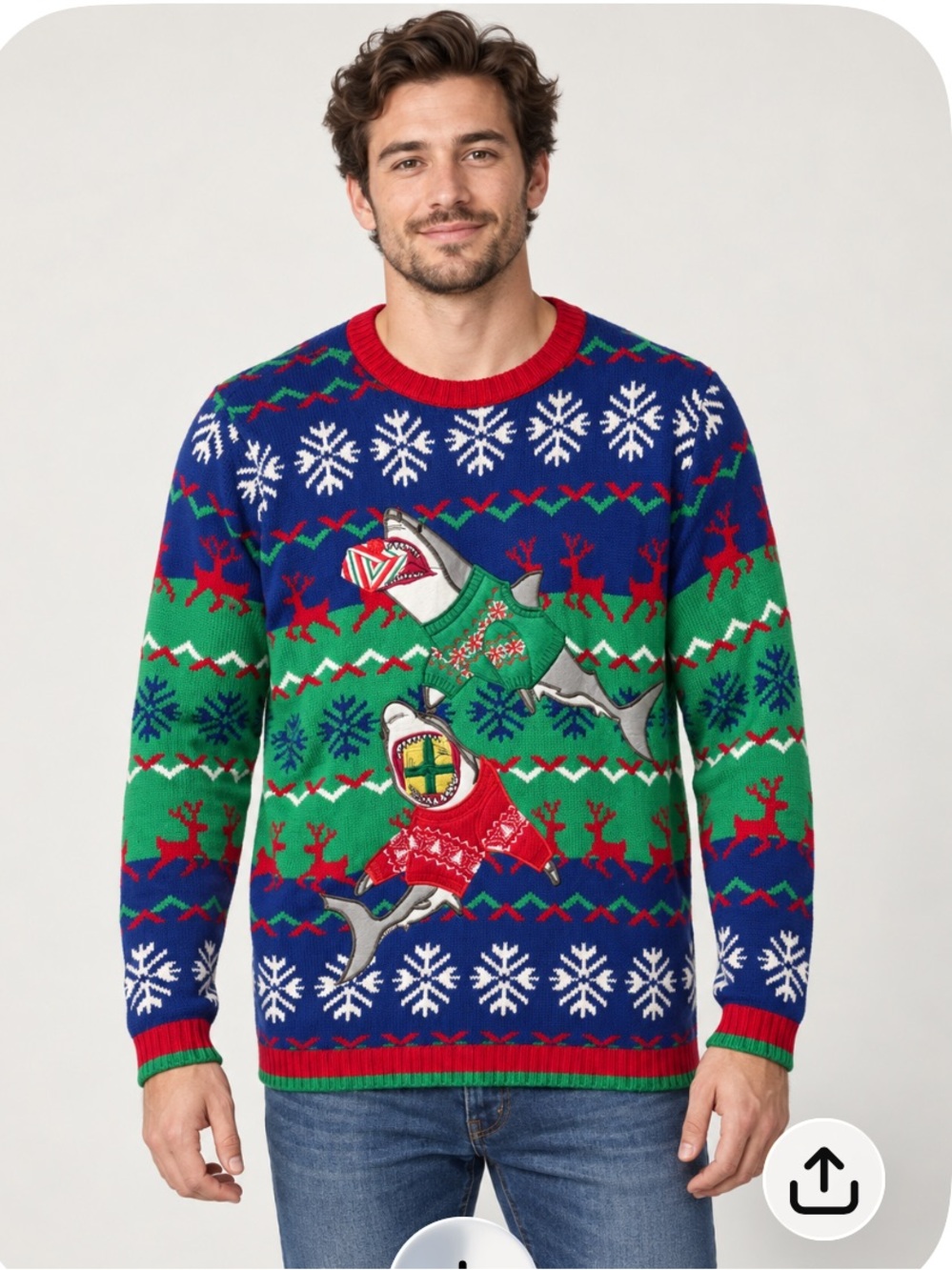Men's Blue & Green Holiday Crewneck Sweater with Festive Shark Design